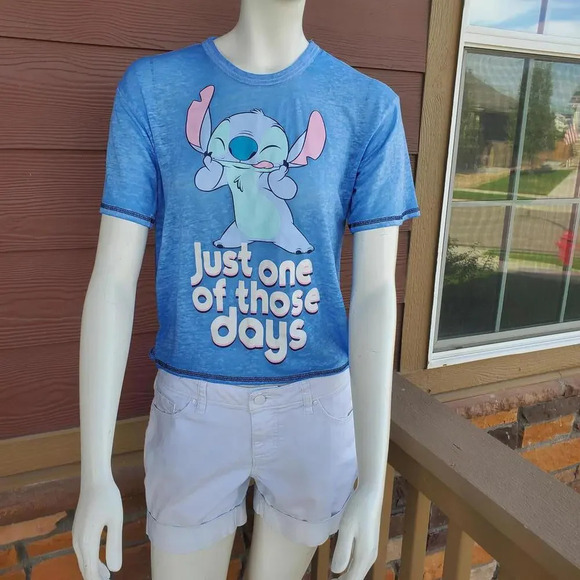 Disney Stitch Just One Of Those Days Tissue Thin Blue Graphic Tee T-Shirt XS - Picture 7 of 16